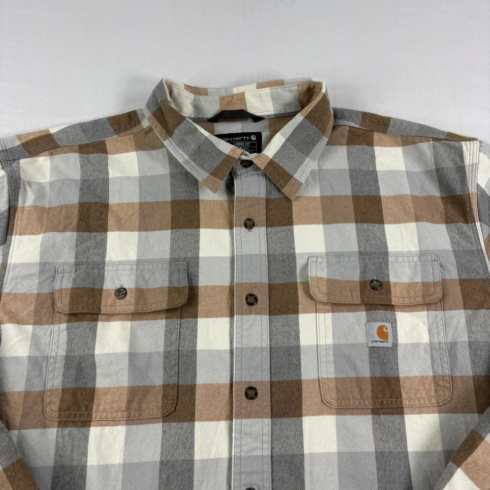 Carhartt Flannel Shirt Mens 2XLT Tall Gray Brown Heavyweight Button Up Workwear